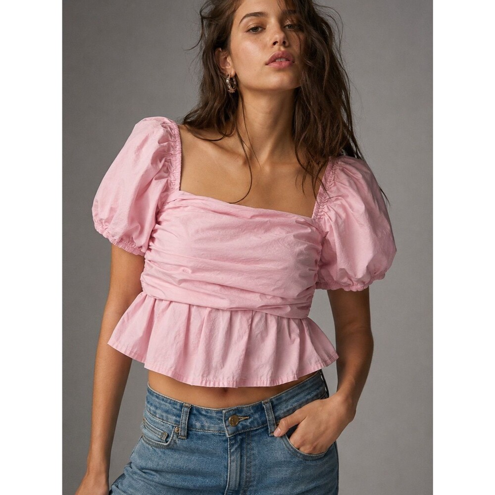 Altar’d State Pink Puff Sleeve Peplum Top Medium Cotton Square Neck Cottagecore